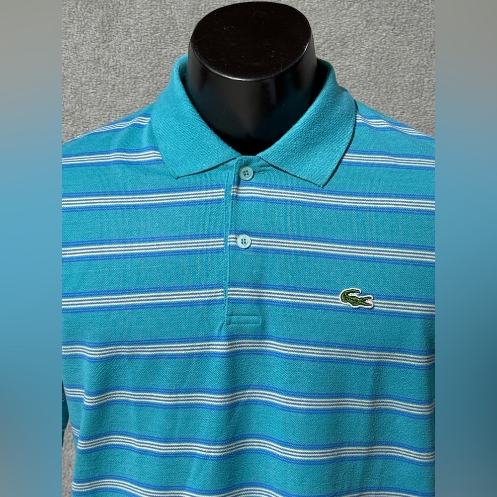 LACOSTE REGULAR FIT BIG CROC STRIPE CAVIAR BLUE COTTON POLO SHIRT SIZE 6 (XL)